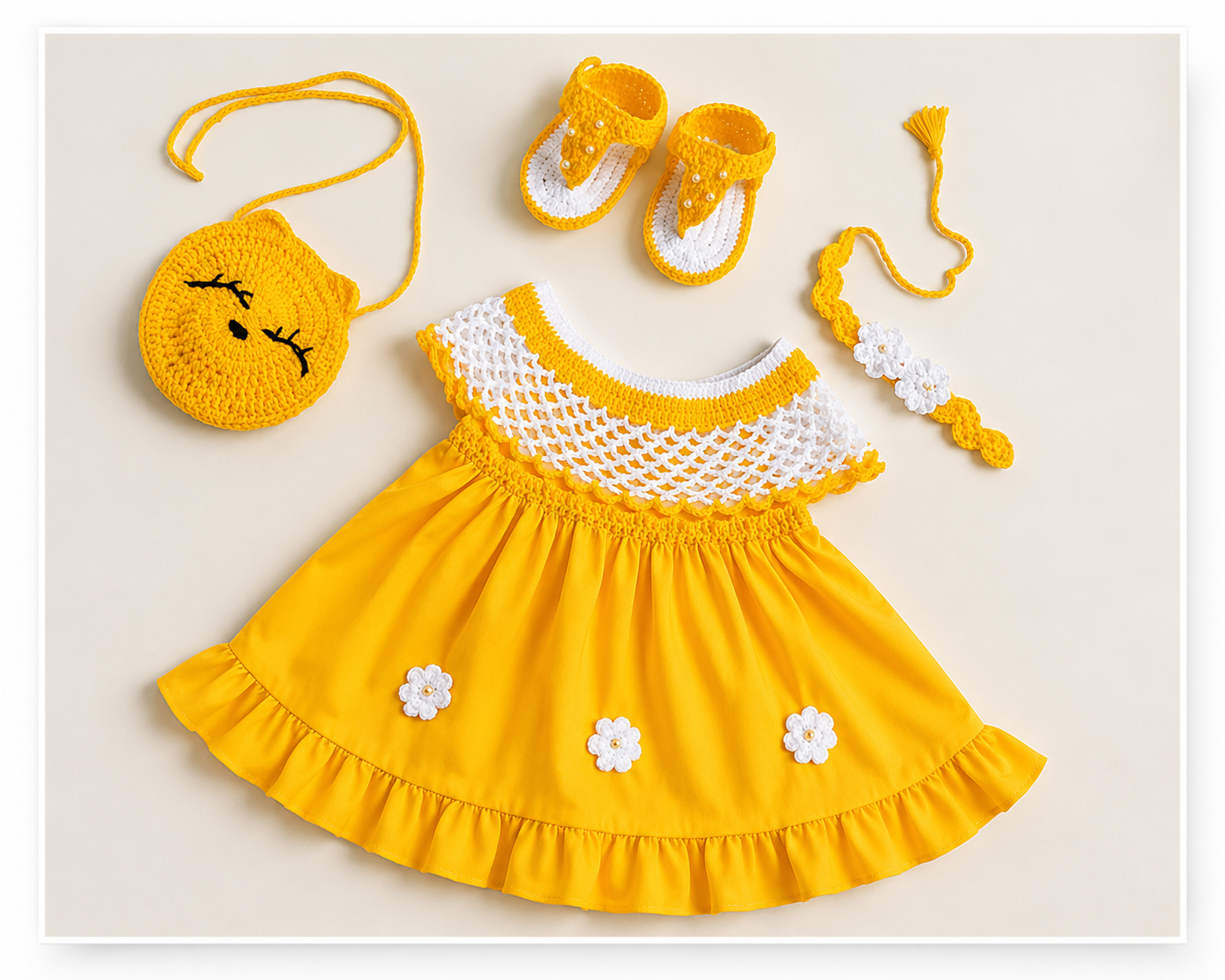 Handmade Baby Girl Crochet Dress Set with Matching Shoes, Headband & Purse | Yellow & White