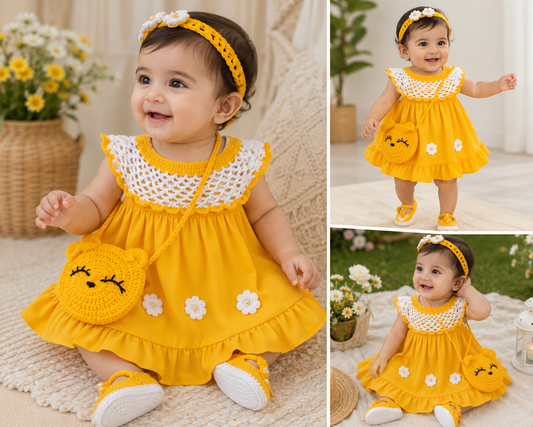 Handmade Baby Girl Crochet Dress Set with Matching Shoes, Headband & Purse | Yellow and White