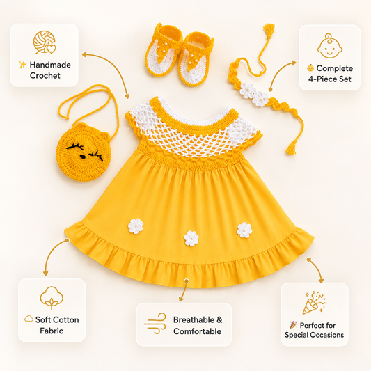 Handmade Baby Girl Crochet Dress Set with Matching Shoes, Headband & Purse | Yellow and White
